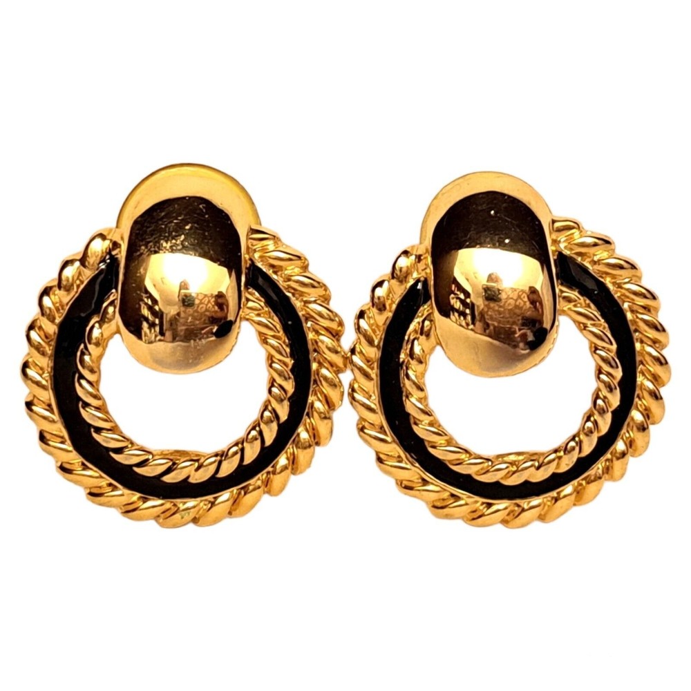 Vintage Casual Corner Earrings Gold Tone Black Enamel Pierced Studs